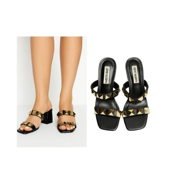 Steve Madden Sandals Black and Gold Wood Heel - Picture 1 of 7